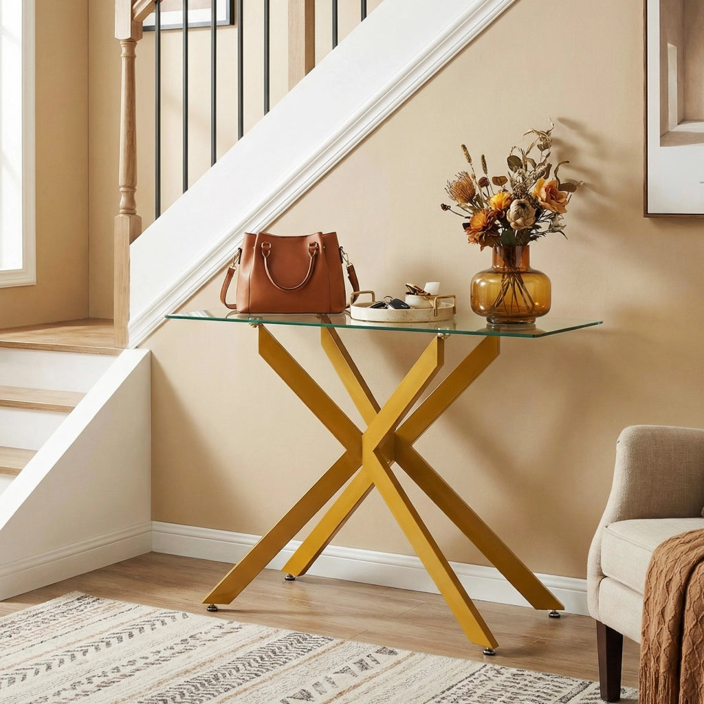 Tavolino consolle in vetro piano temperato trasparente gambe tubolari metalliche, Tavolo moderno 115 cm divano soggiorno corridoio ingresso Oro
