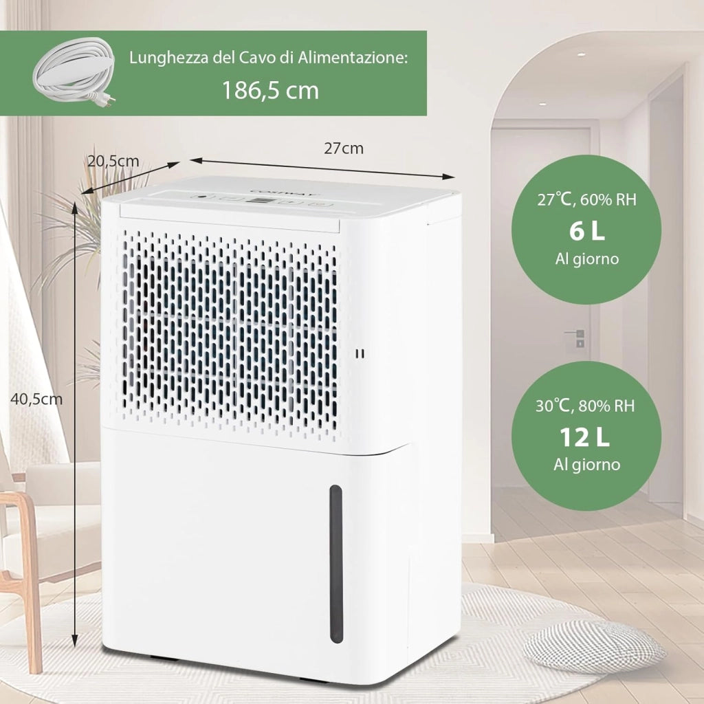 12L Deumidificatore per Casa, Silenzioso ed Efficiente con Modalità Continua/Asciugatura/Auto, Timer 24 Ore, Maniglia Portatile, Ideale per Cantine Bagno e Camere da Letto