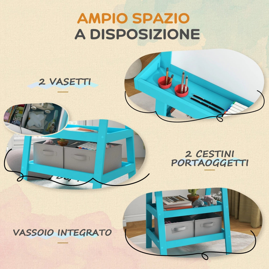 Lavagna per Bambini 3 in 1 con Cavalletto 59x48x118 cm Blu