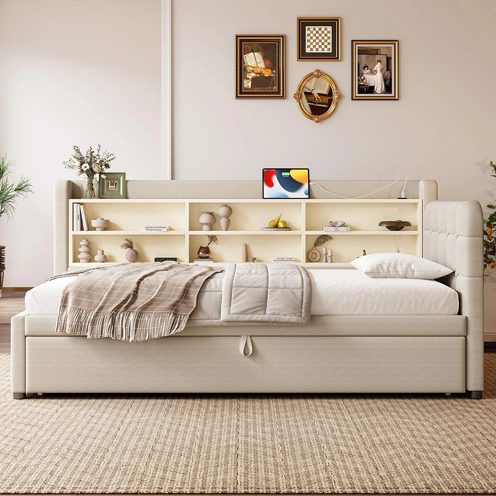 Divano letto 90-180x200cm?- Xylo - gigogne USB lino beige