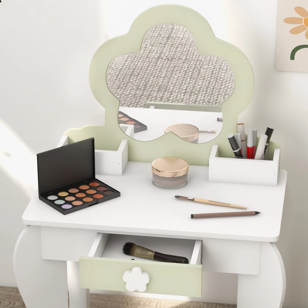 Toletta per Bambini con Specchio e Sgabello ¨C Xylo ¨C 2 Scatole 1 Cassetto 55x34x87,5cm Bianco Verde