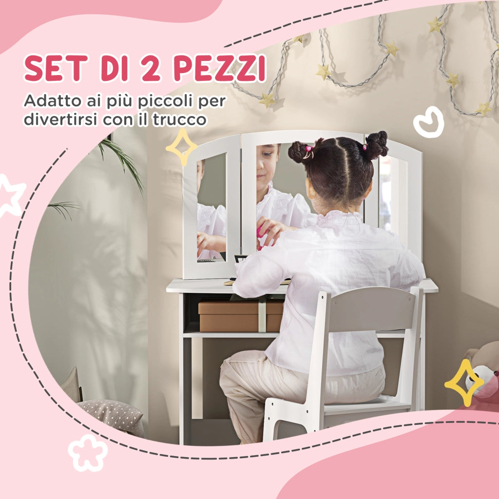 Tavolo Toeletta con Specchio e Sedia per Bambini ¨C Minimal ¨C Bianco Legno