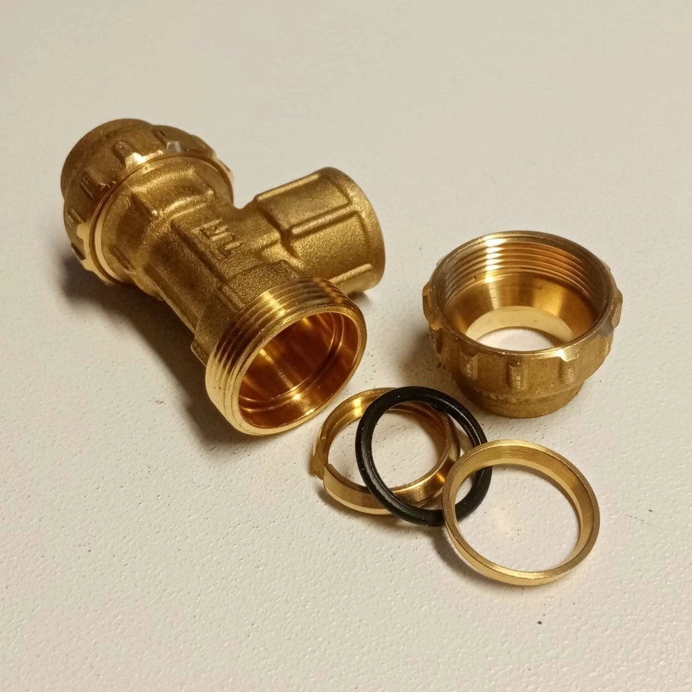 Raccordo f 32x1x32 tee t di giunzione in ottone con tenuta o-ring ed ogiva in ottone