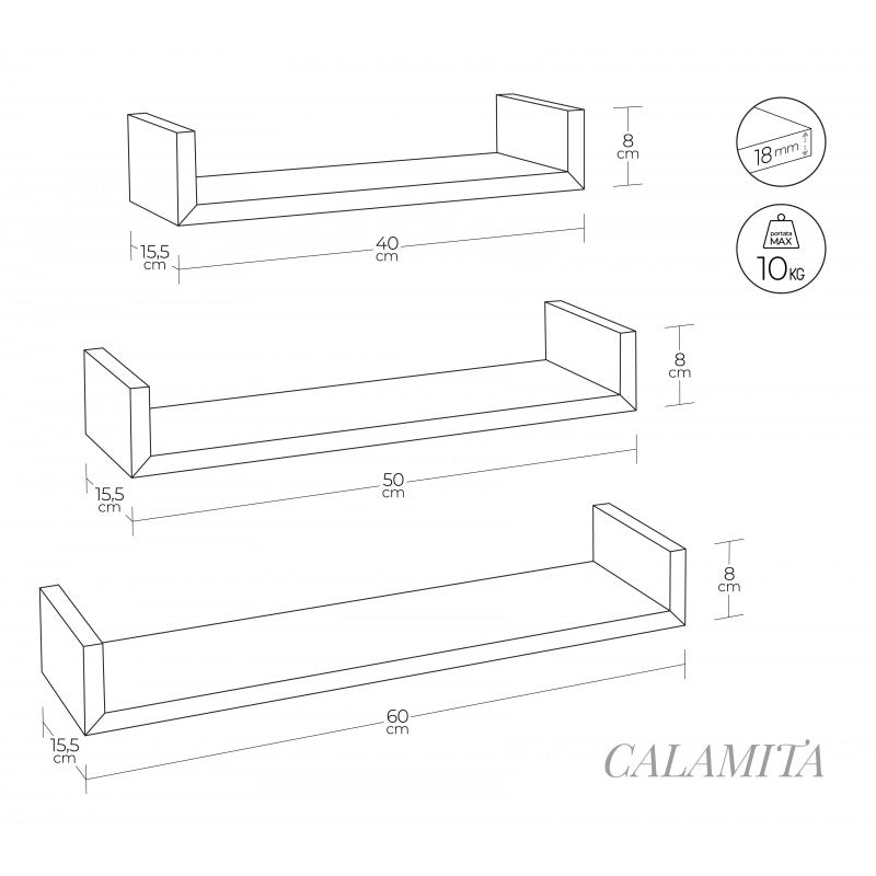 Set di 3 Mensole da Muro, Mensole Muro Design, Mensola da Parete, Rovere Sbiancato, 60x8 p15,5 cm, 50x8 p15,5 cm e 40x8 p15,5 cm - Calamita