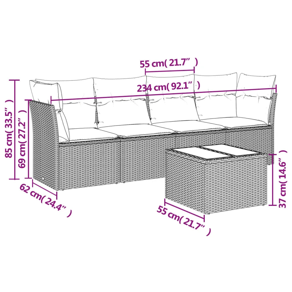 Set Divani da Giardino 5 pz con Cuscini in Polyrattan Nero