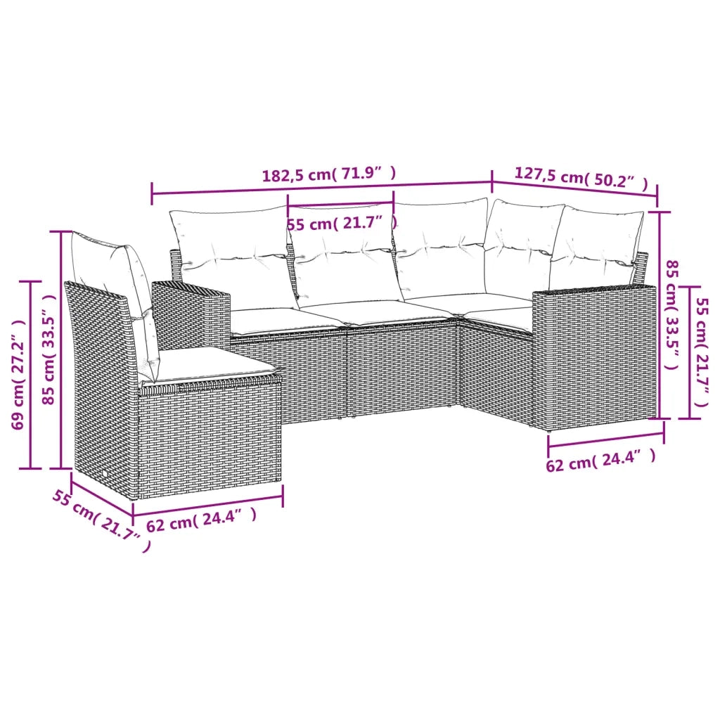 Set Divano da Giardino 5 pz | Set Salotto da Giardino con Cuscini Marrone in Polyrattan