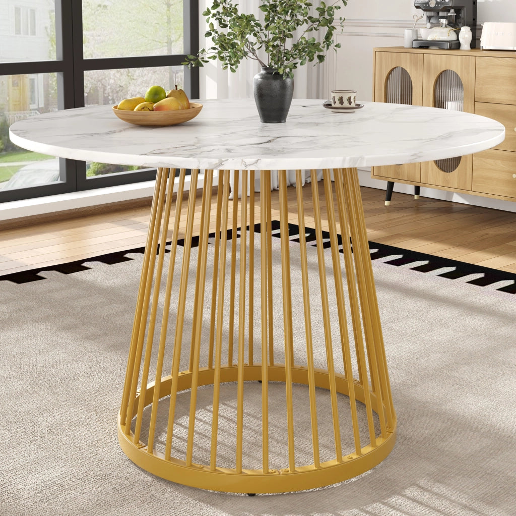 Tavolo da pranzo rotondo 80x80x76 cm in MDF e metallo; bianco e oro