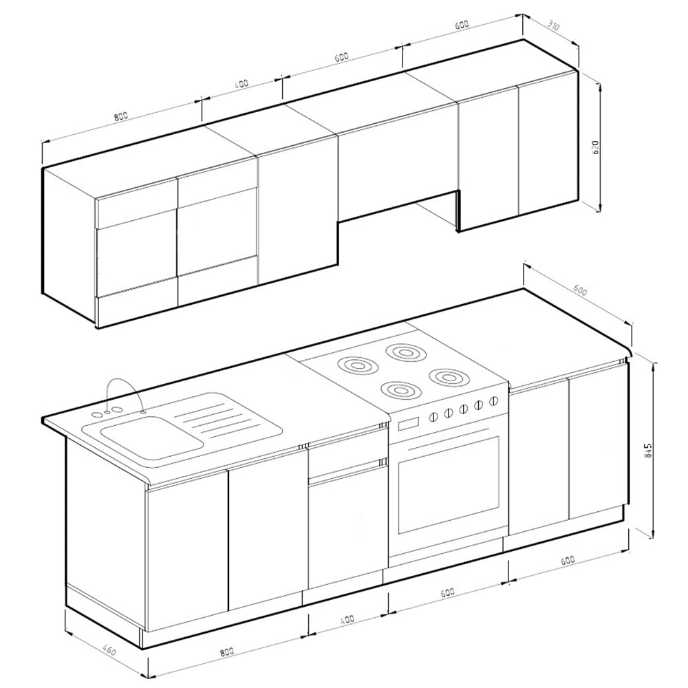 Mobile da cucina Raul Bianco lucido/Bianco 240 cm, PL Sonoma con striscia LED Vicco