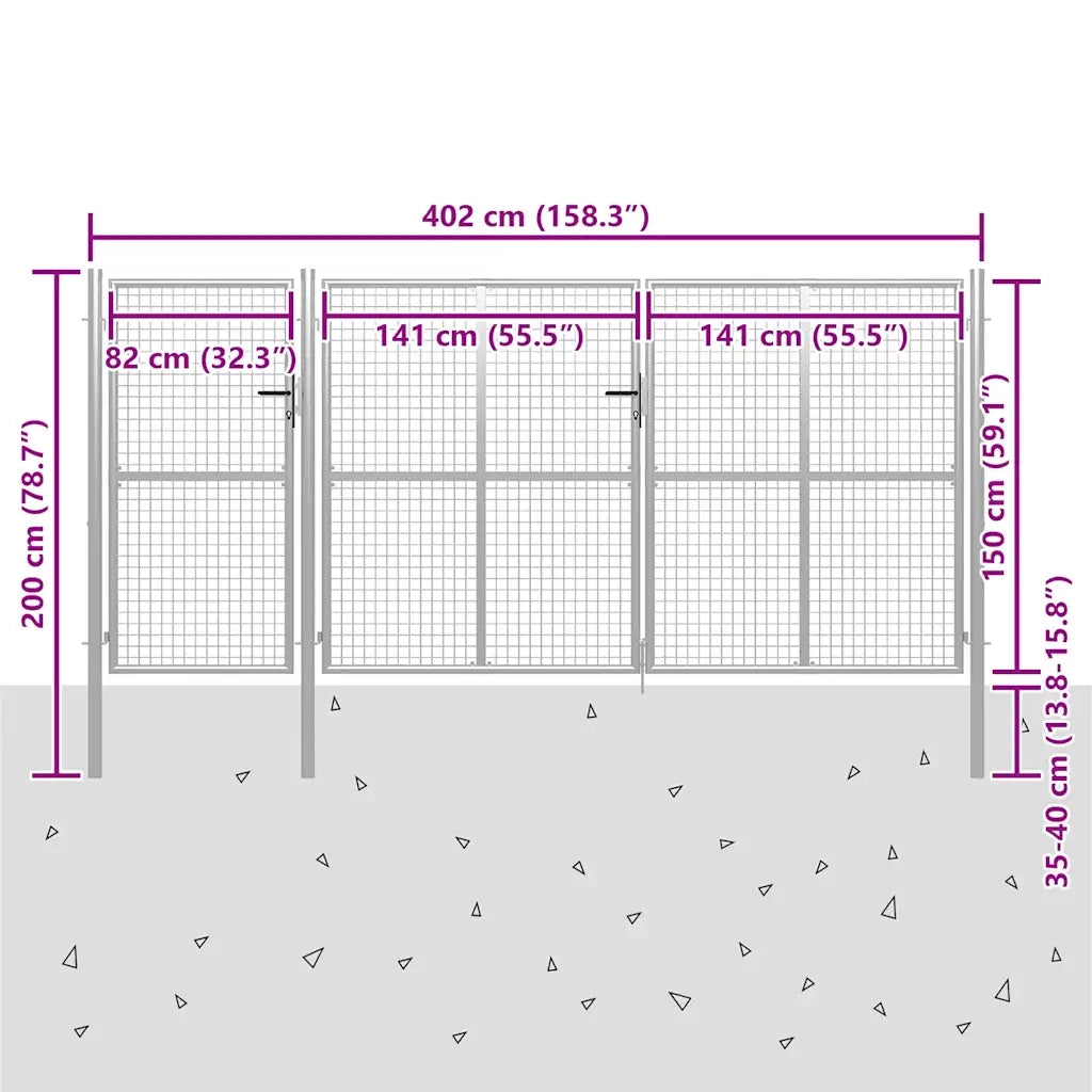 Cancello da Giardino in Acciaio 400x150 cm Argento 144349