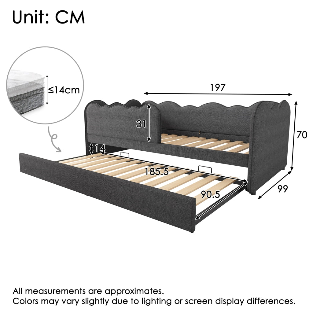 Letto Imbottito con Ausziehbett ¨C MINIMAL ¨C Grigio, Tessuto Lino, 90x190