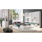 Set camera NOFI - Letto 140x200 cm con rete a doghe, 2 cassetti, comodini, armadio e cassettiera - bianco
