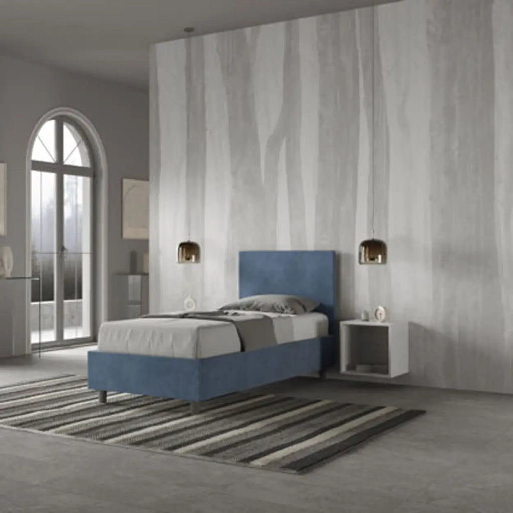 Letto singolo contenitore imbottito 80x210 microfibra blu Adele