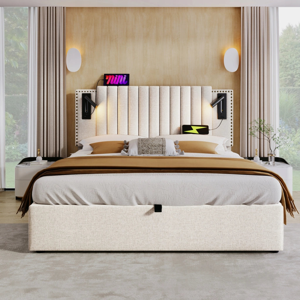 Letto imbottito con contenitore e luce - Xylo - 180x200 - Beige