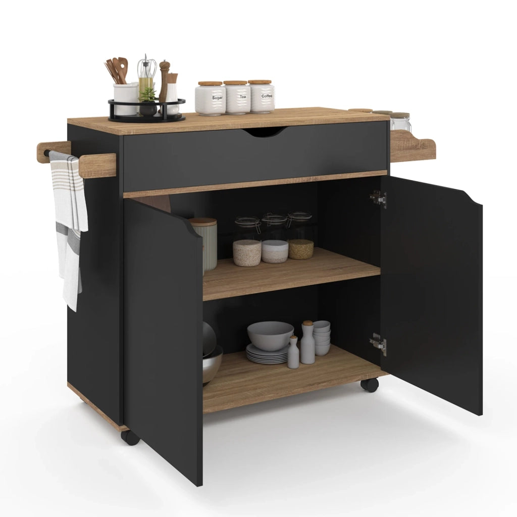 IDMarket - COSY XXL L.90 CM Aparador de cocina con cajón negro y estantes estilo haya