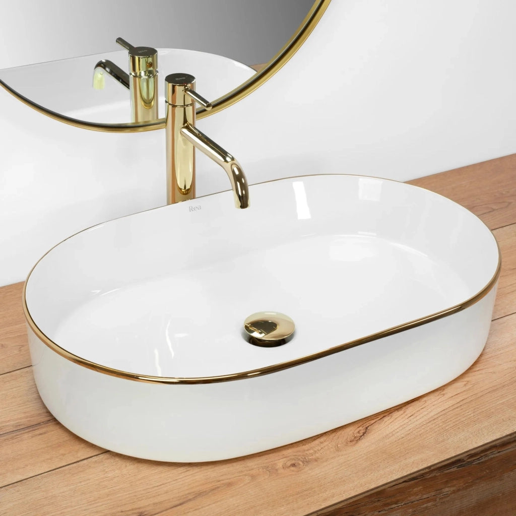 Lavabo Da Appoggio In Ceramica Rea Nadia White Gold Edge