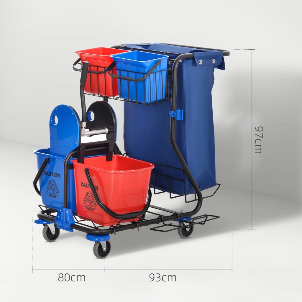 Carrello Pulizie Professionale 4 Secchi Strizzatore e Sacco Rosso Blu e Nero