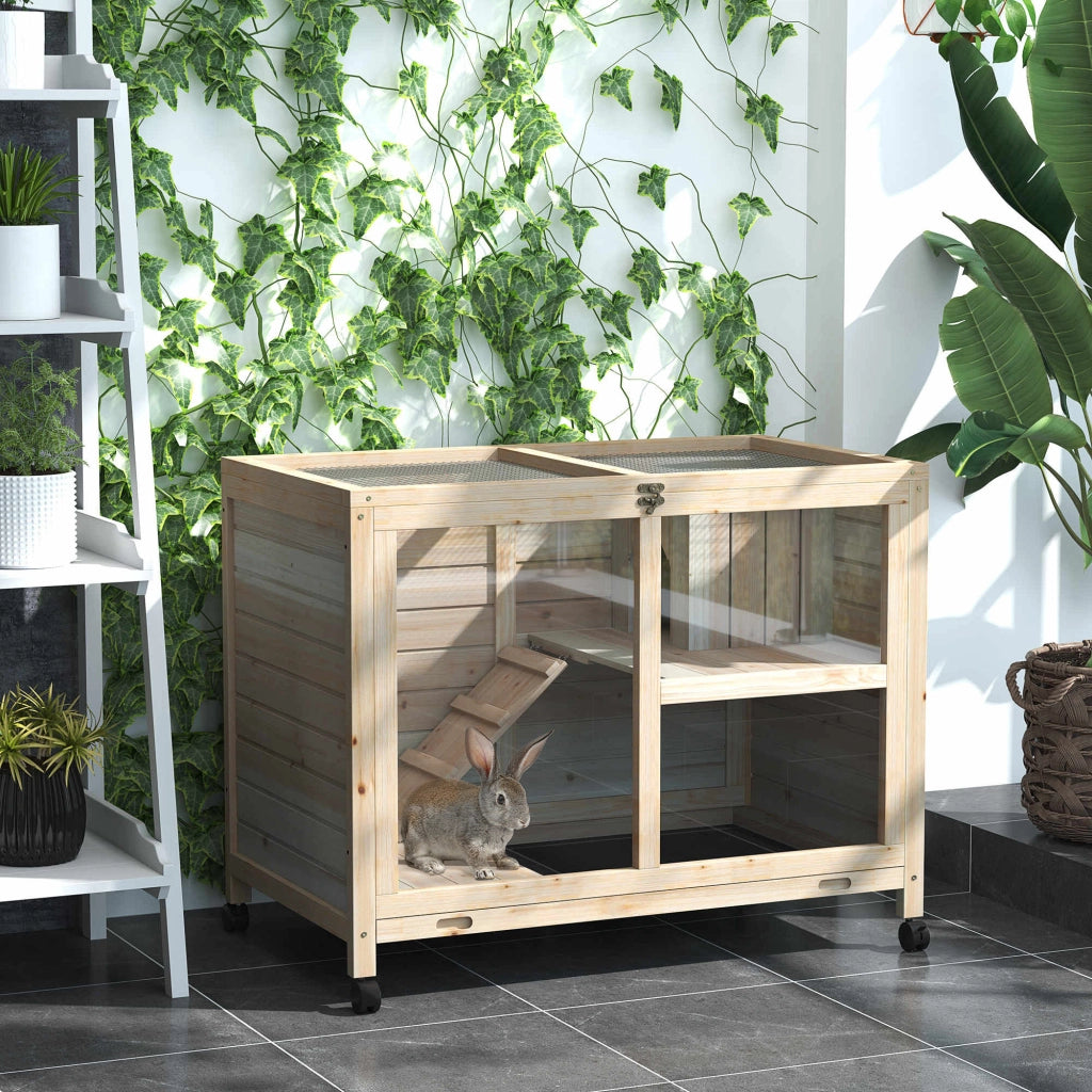 EasyComfort Conigliera in Legno a 2 Piani con Casetta, Rampa e Vassoio Estraibile, 91.5x53.3x73cm
