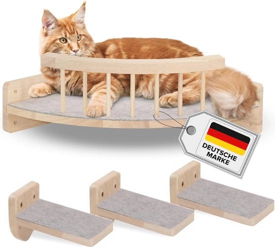 Klimparete per gatti con pannelli in legno e rivestimento in velluto - 3 gradini per gatti e angolo