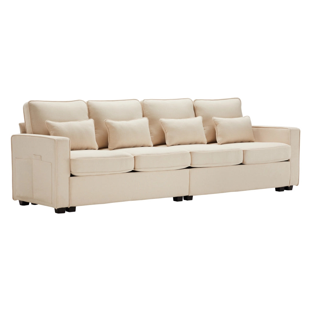 Divano a 4 posti in tessuto effetto lino beige; 264 cm; con tasche laterali e 4 cuscini