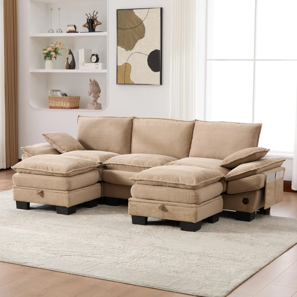 DIVANO 3 posti modulare 260x132x84 cm in corduroy khaki con 2 pouf