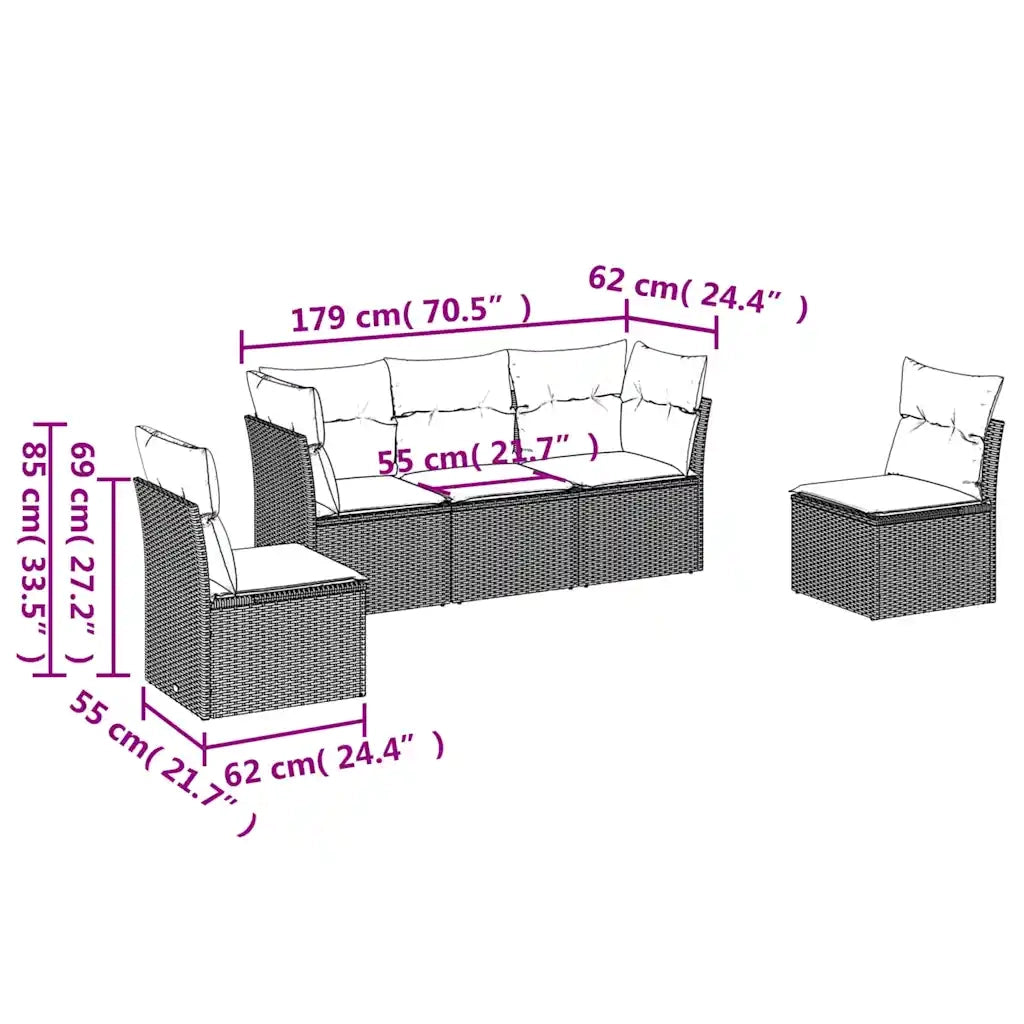Set Divano da Giardino 5pz con Cuscini Grigio Chiaro Polyrattan 3249191