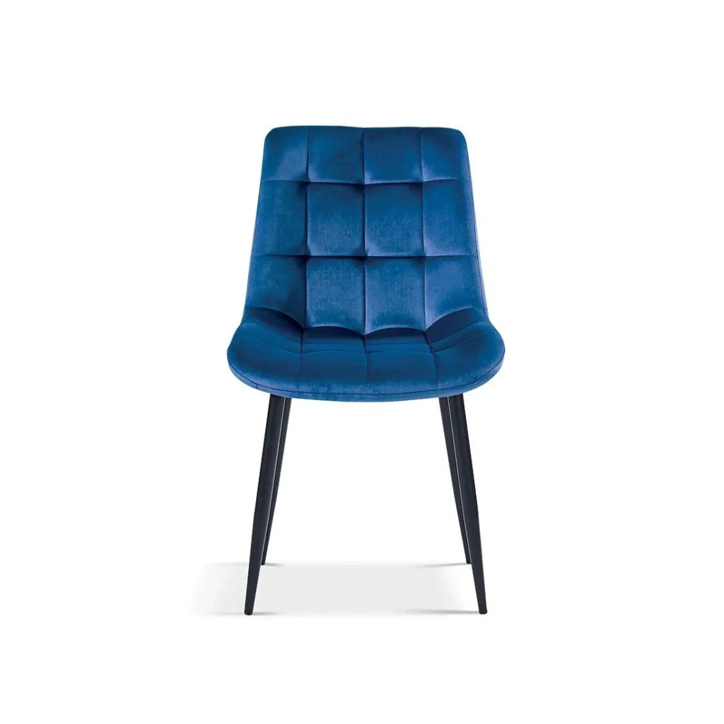 Sedia design KALI – Velluto blu e gambe metalliche