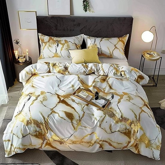 Set di Cuscini da Letto a Mosaico - 3D Stampato - 135 x 200 cm - Bianco Oro - Con Cerniera