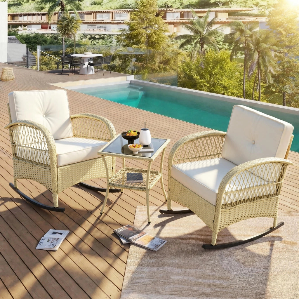 Set da balcone a dondolo 3 pezzi con tavolino in vetro temperato e cuscini beige