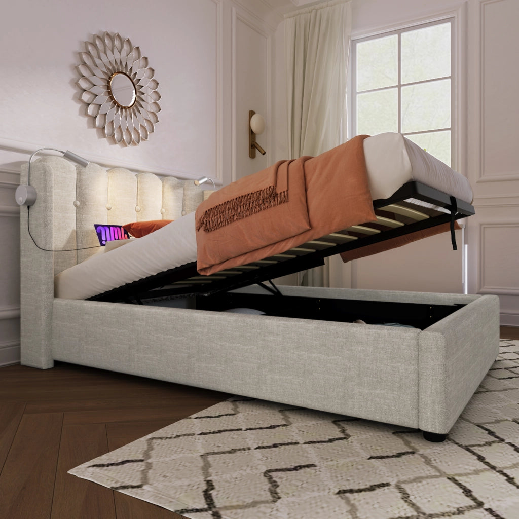 letto imbottito lino beige 90 x 200 cm