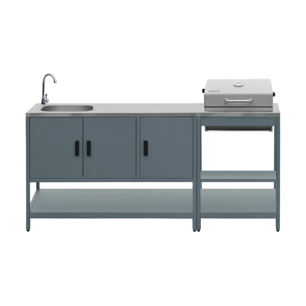 Cucina esterna, 2 moduli e barbecue a carbone con lavandino, blu