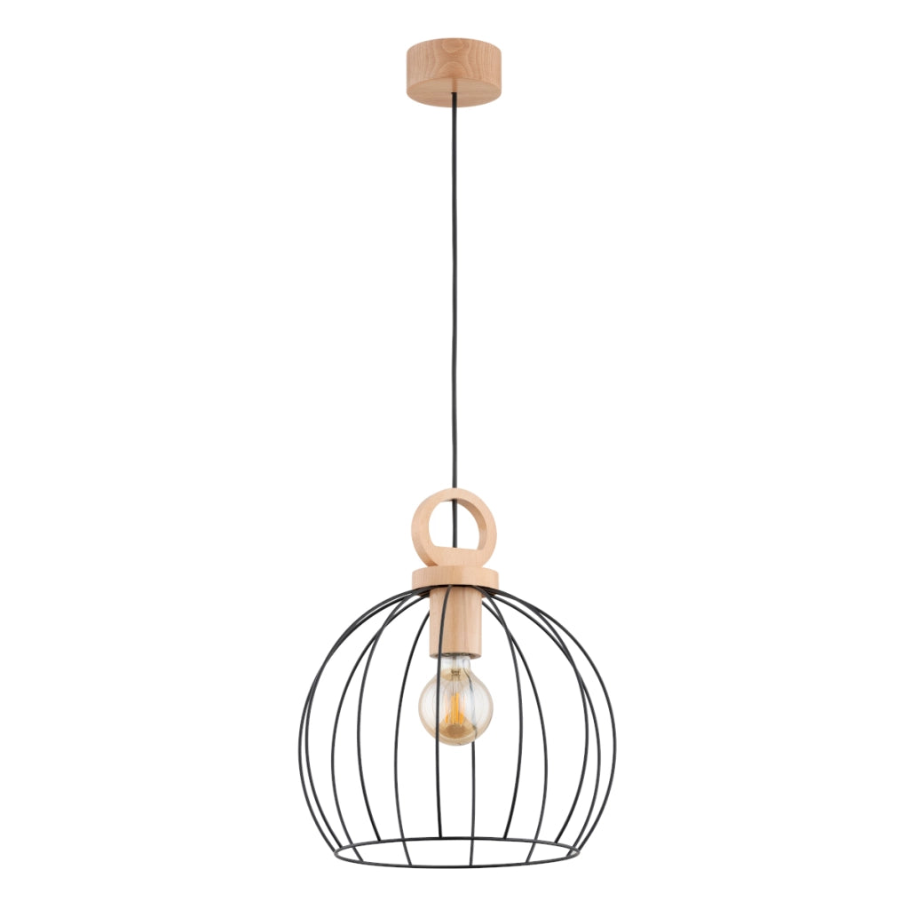 Lampada a sospensione scandinava nero/legno E27 15W