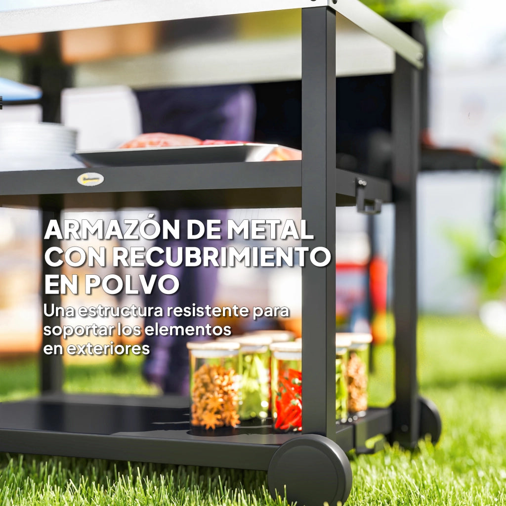 Carrello da Giardino BBQ ¨C Xylo ¨C Grigio con Ripiani e Ruote 102x50x81 cm