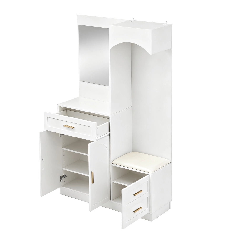 Set mobili ingresso con guardaroba, scarpiera, specchio e panca, in MDF Bianco