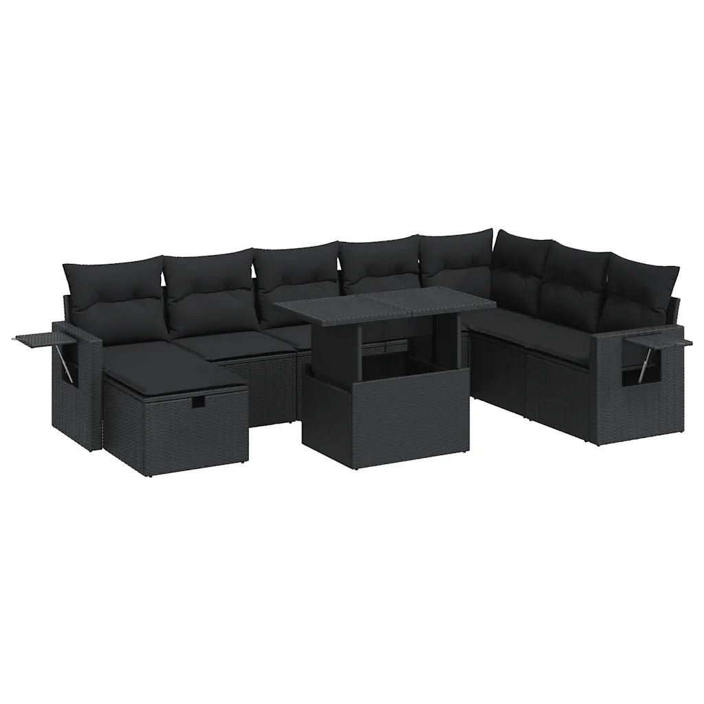 Set Divani da Giardino 9 pz con Cuscini Nero in Polyrattan 3327875