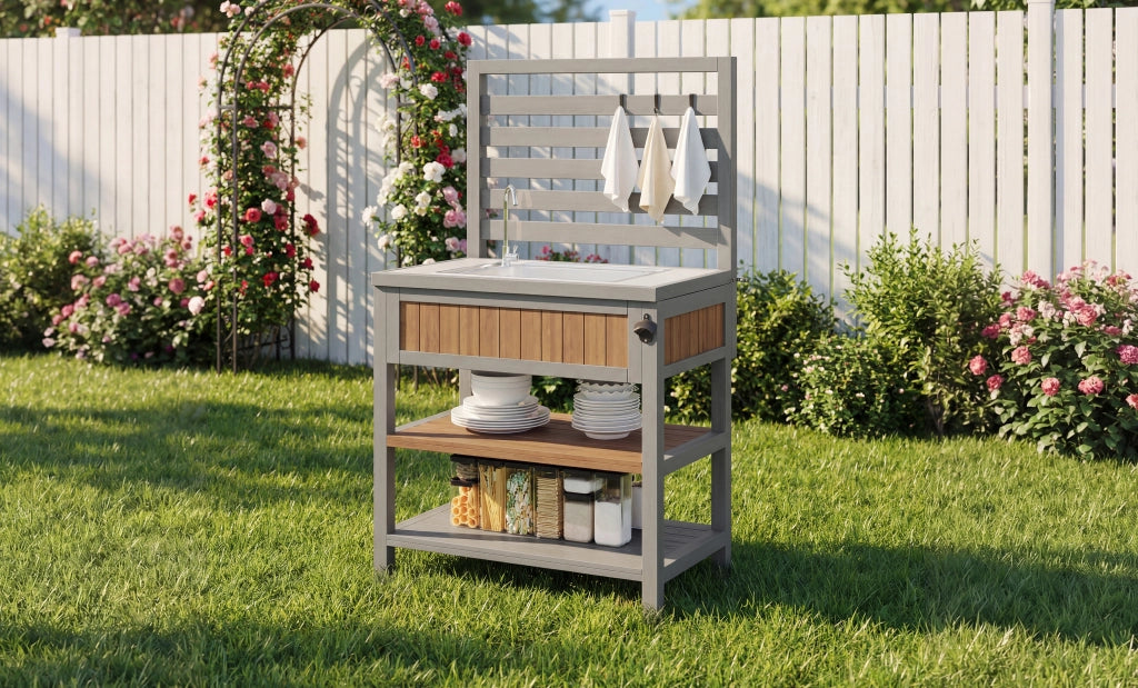 Mobile da esterno multifunzione con lavello a secco e rubinetto; 80 x 51 x 148;5 cm; legno naturale