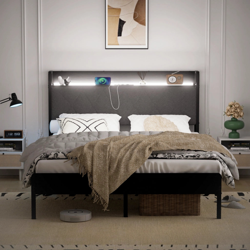 LETTO Imbottito 140x190 cm Nero Grigio con testiera LED e USB