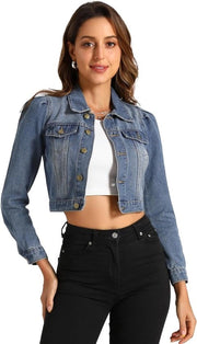 Mousseline lunghe per donne, giacca di jeans lavata con chiusura a bottone