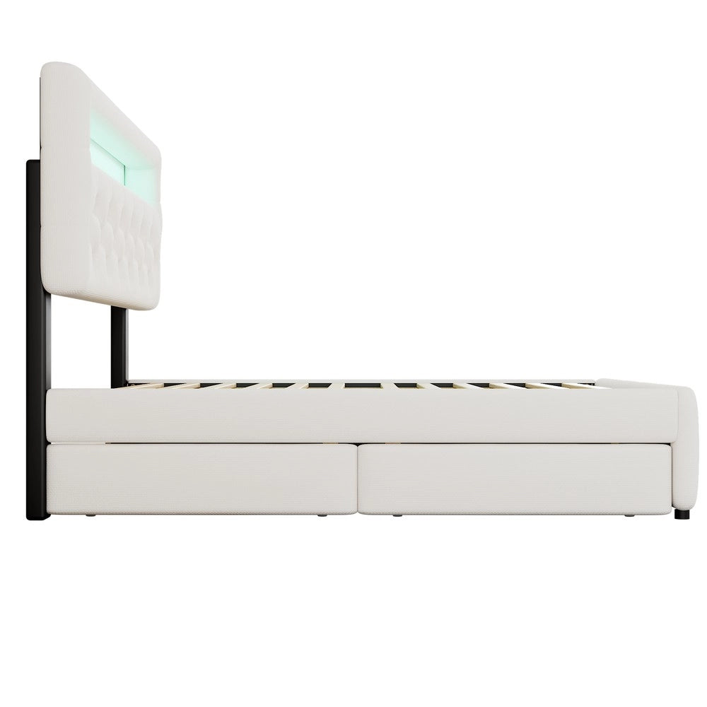 Letto Imbottito Contenitore con Cassetti e Comodino LED ¨C MINIMAL ¨C Bianco 140x200