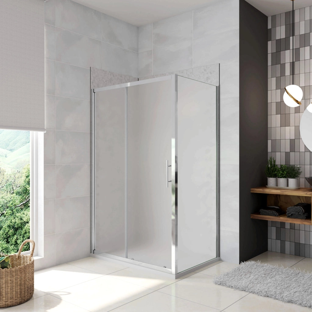 H.185 cm Box Doccia Angolare Porta Scorrevole con Parete Fissa Vetro Temperato 5 mm Satinato Opaco 100x70 cm