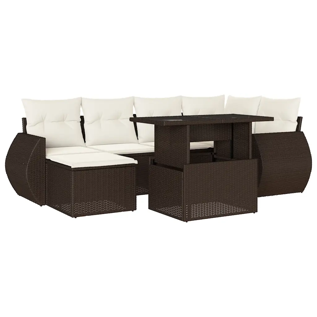 Set Divani da Giardino 7 pz con Cuscini Marrone in Polyrattan