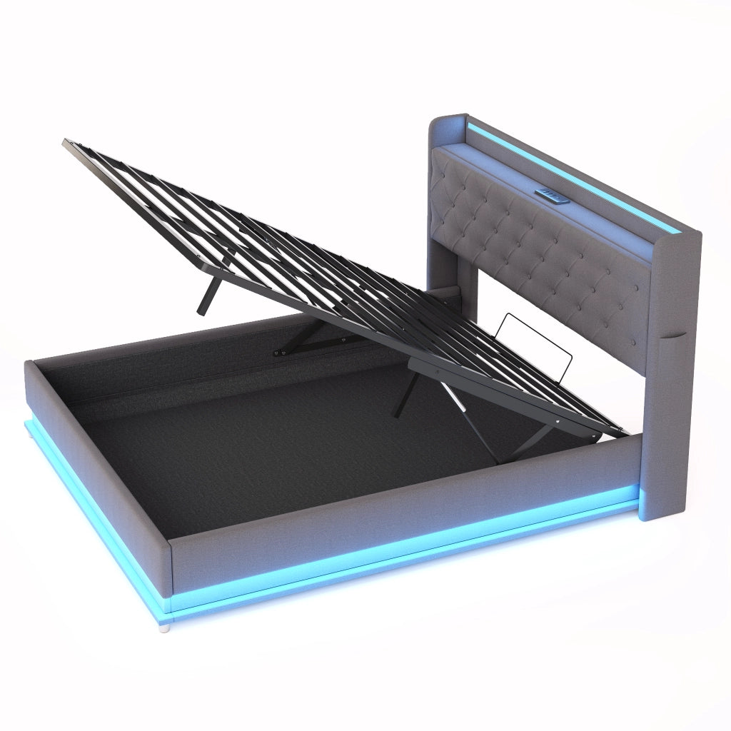 LETTO Imbottito 140x200 cm Grigio con LED, USB e contenitore idraulico