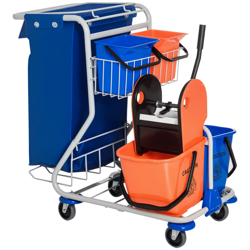 Carrello pulizie professionale con 2x18L e 2x6L secchi, pressa mop, cestino - Xylo - Blu arancione 93x80x97cm