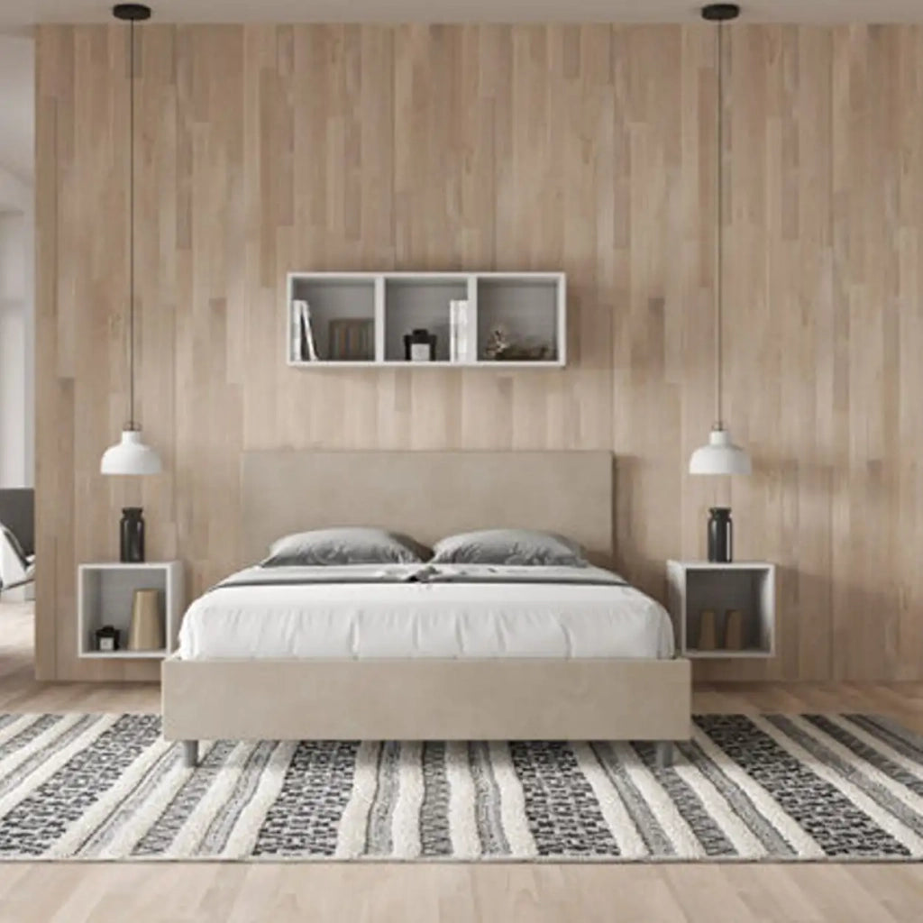 Letto matrimoniale con rete imbottito 160x210 microfibra sabbia Adele