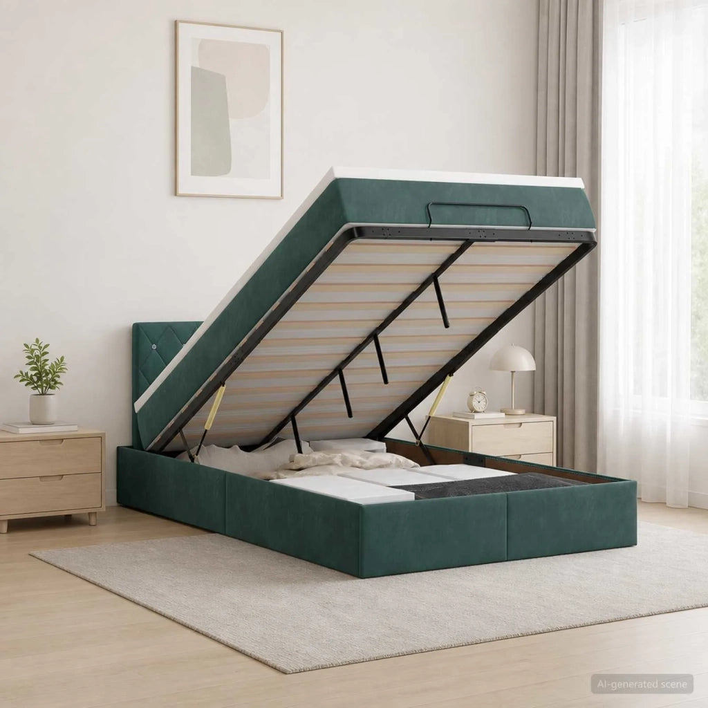 Letto Ottomano con Materasso e LED Verde Scuro 120 x 200 cm 3458226