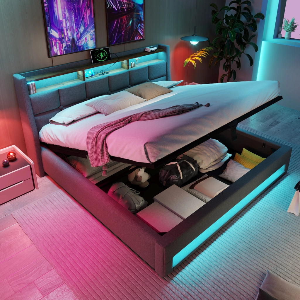 LETTO Contenitore 140x200 cm Grigio in Lino con USB e LED