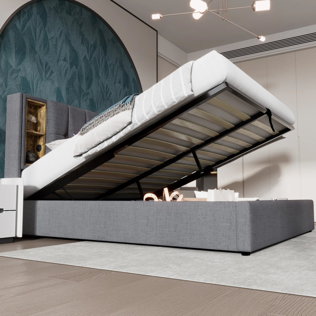 LETTO Imbottito 140x200 cm Grigio con ricarica wireless e USB