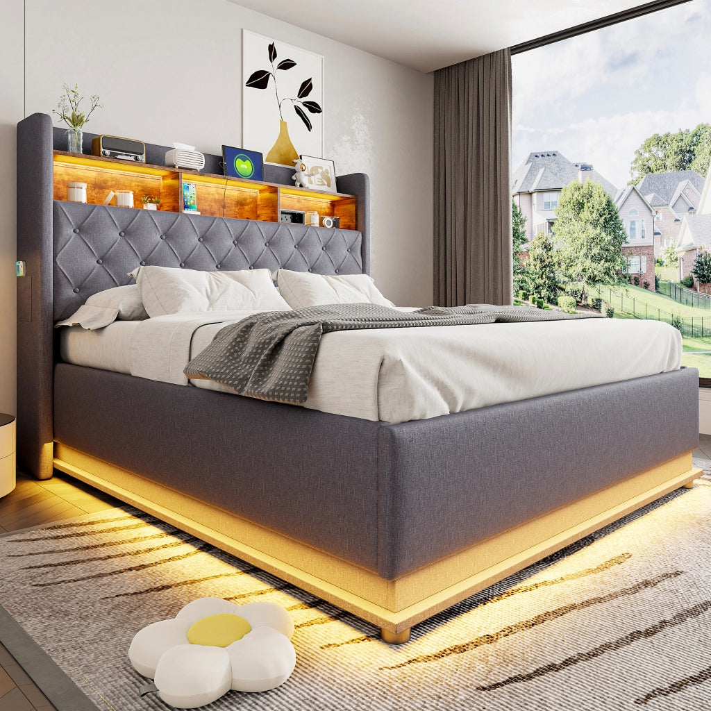 LETTO imbottito LED 160 x 200 cm grigio con USB e contenitore idraulico