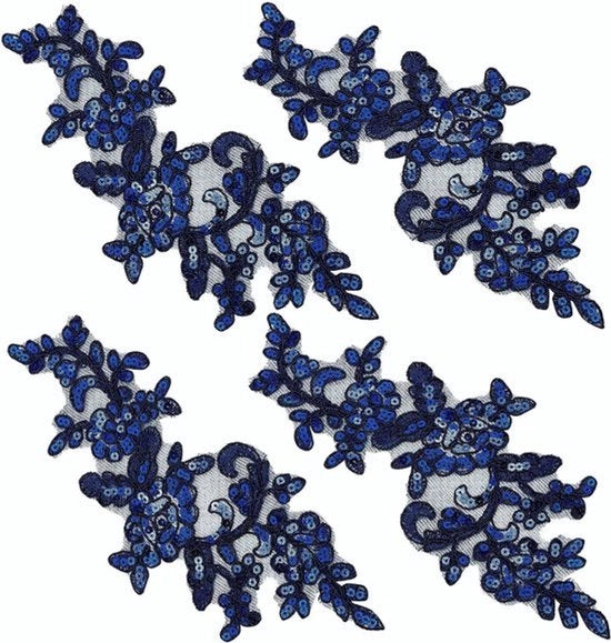 Set di 4 patches ricamati con foglie di ferro, fiori e raso - Articoli per l'artigianato - Blu notturno - Applicazioni per abbigliamento e decorazione.