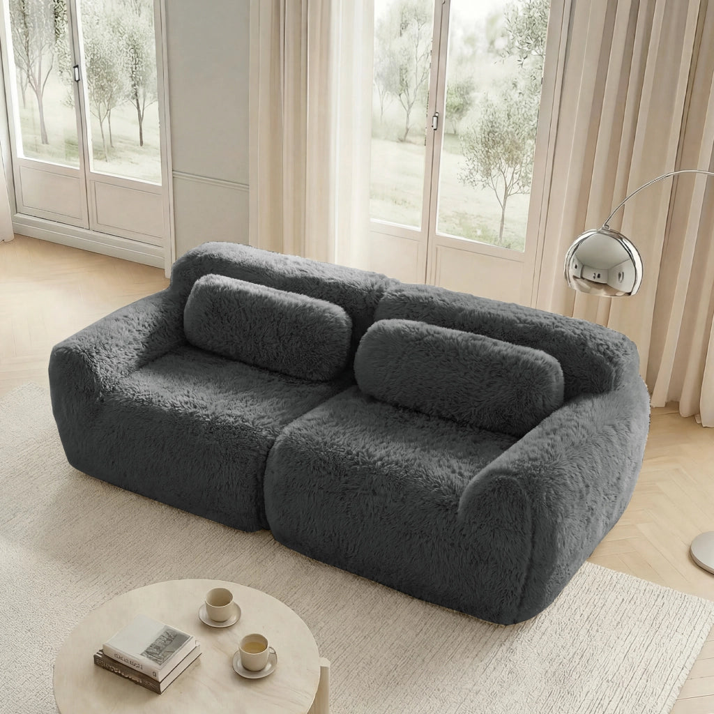 Divano Modulare 2 Posti con Design Senza Struttura, Cuscini e Base Antiscivolo, in Peluche Grigio