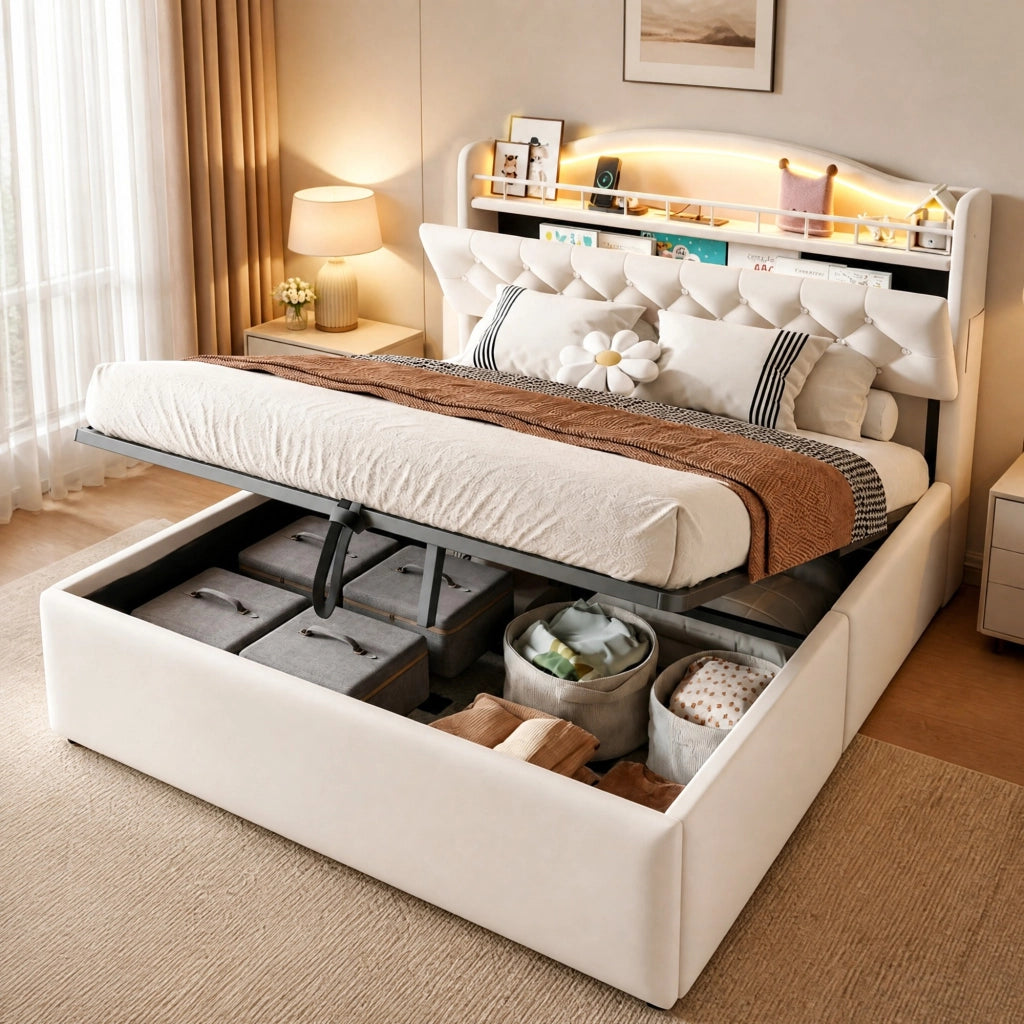 LETTO Contenitore 140x200 cm Beige in tessuto e metallo con LED, USB e USB-C